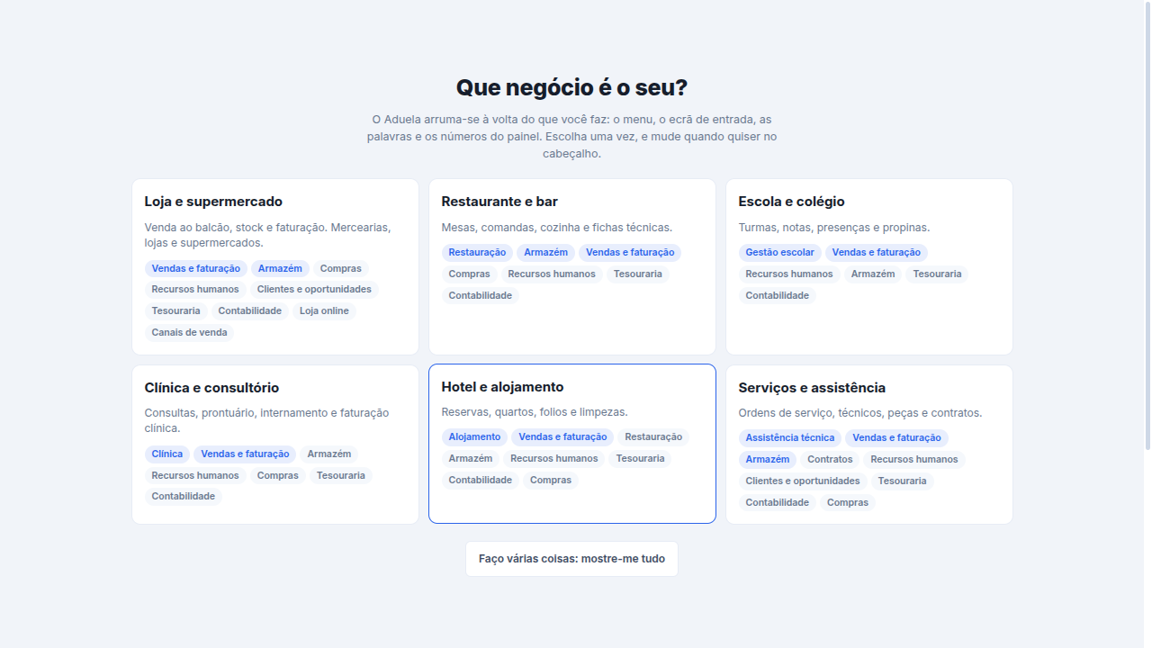 O ecrã da primeira utilização, com os negócios e o que cada um traz