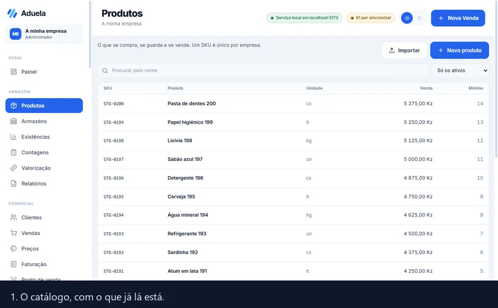 Percurso: o catálogo, novo produto, preencher, e o artigo criado