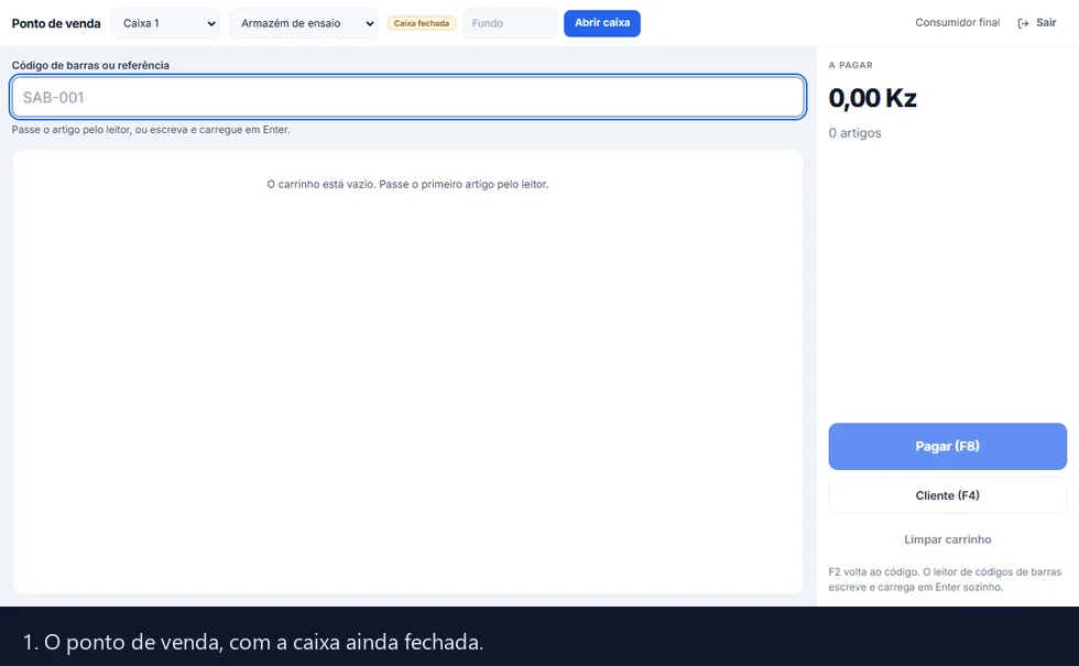 Percurso: abrir a caixa, passar três artigos, pagar, e a fatura-recibo